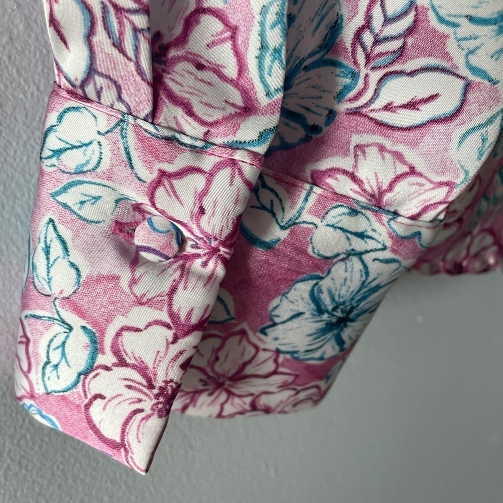 Zara Pink Blue Floral Button-Down ‘Satin’ Blouse Size Small Cottage Coastal - Picture 7 of 11